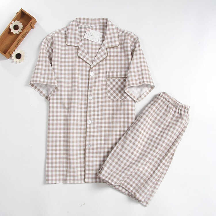 Men's Short Sleeved Summer Plaid Cotton Pajama Set
