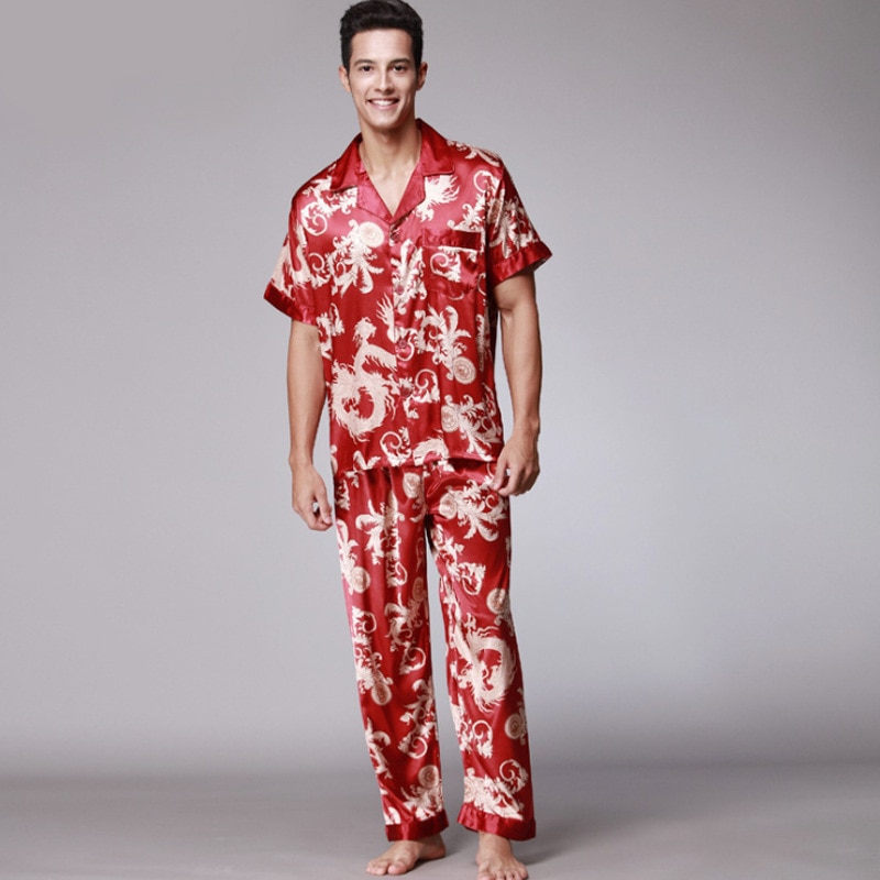 Men's Asian Style Satin Shirt and Pants Pajama Set