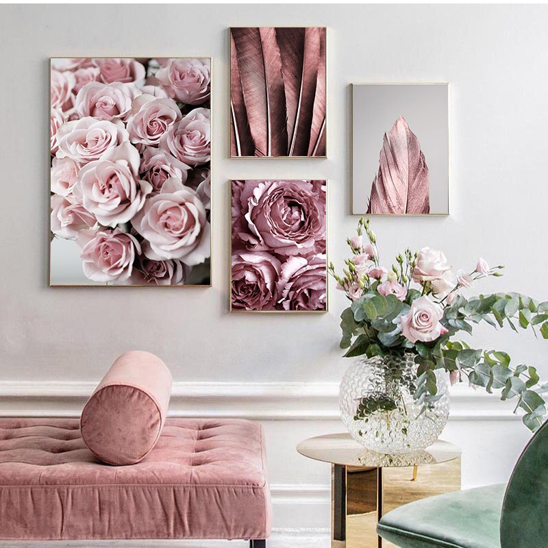Pink Flowers and Feathers Wall Art