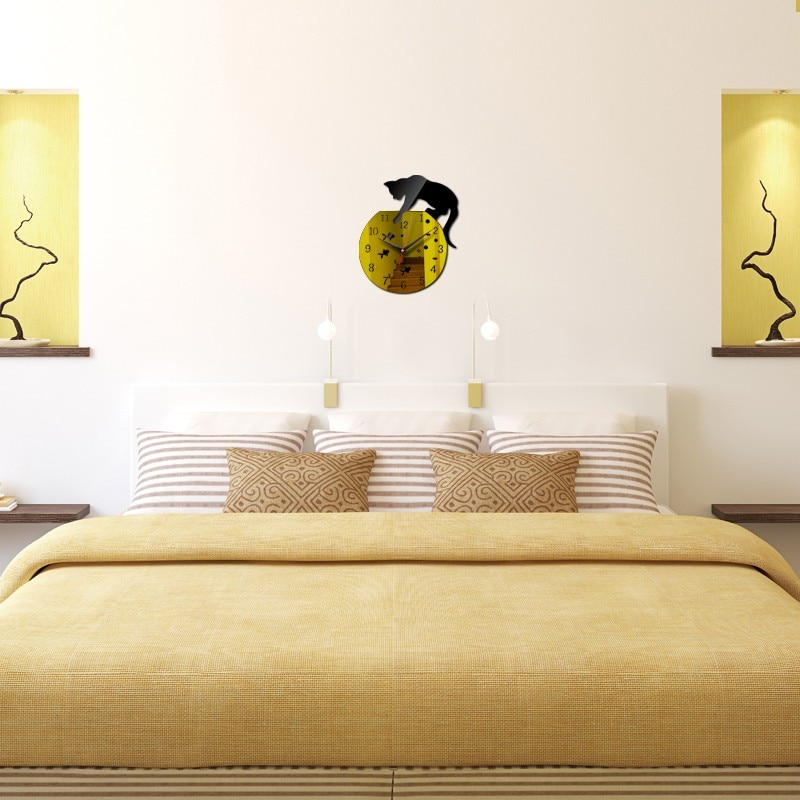 Cat Shaped Mirror Design Wall Clock