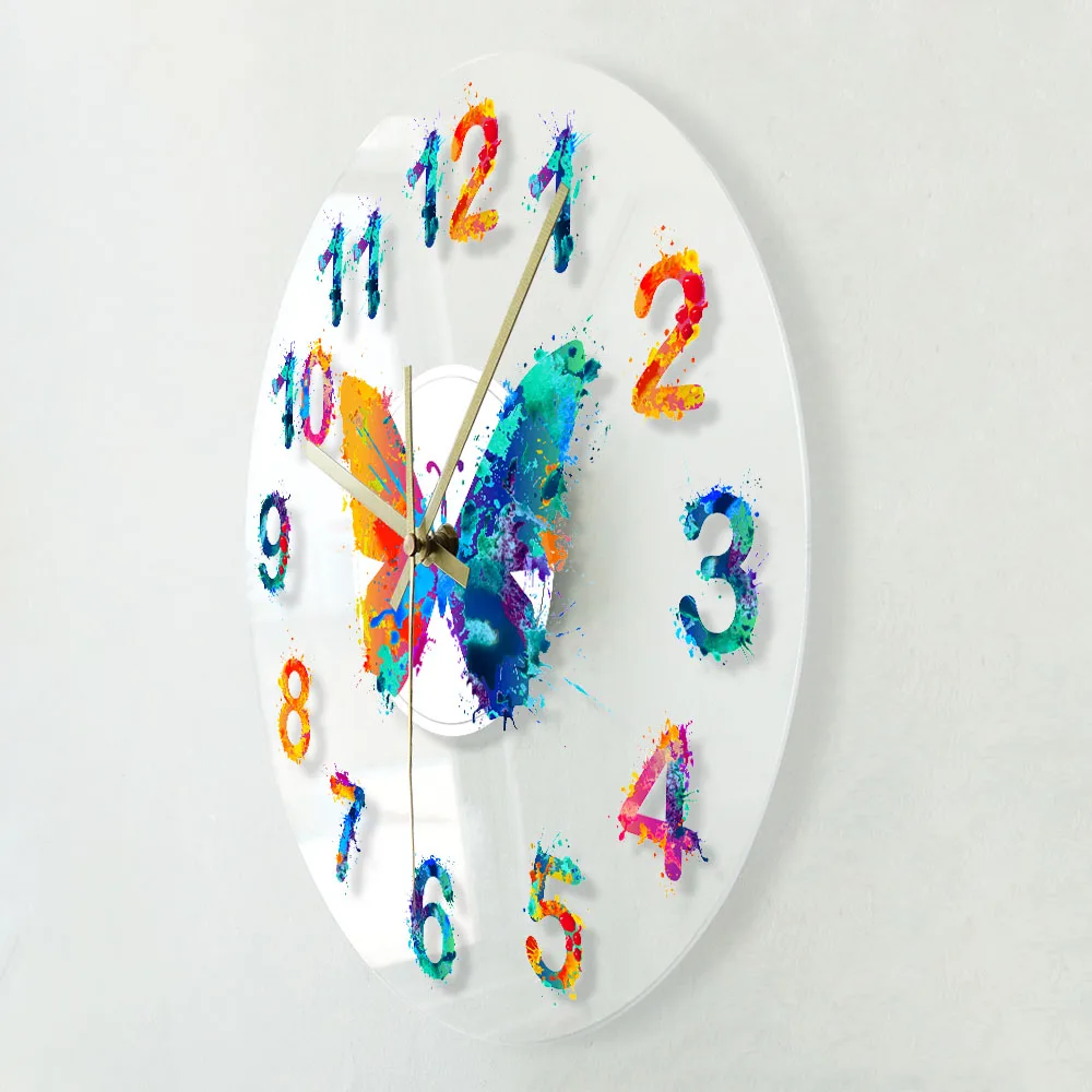 Colorful Numbers Watercolor Butterfly Printed Wall Clock