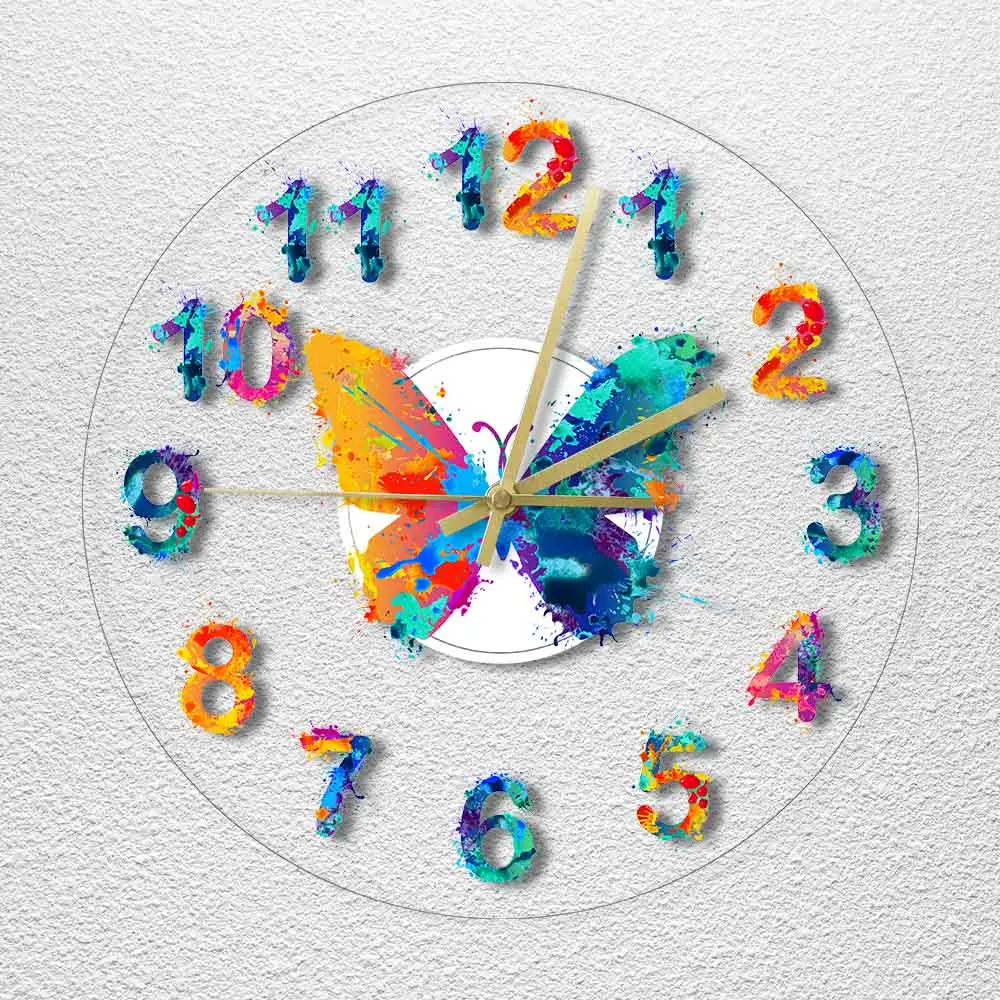 Colorful Numbers Watercolor Butterfly Printed Wall Clock
