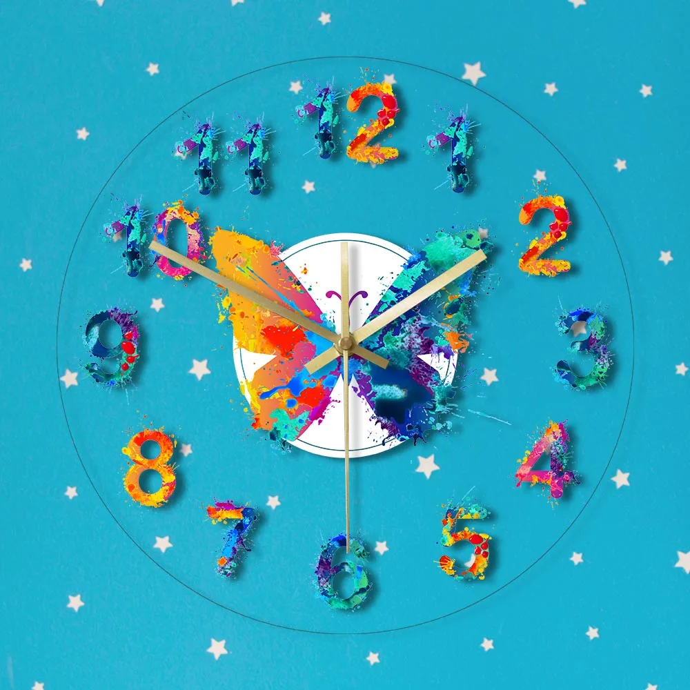 Colorful Numbers Watercolor Butterfly Printed Wall Clock