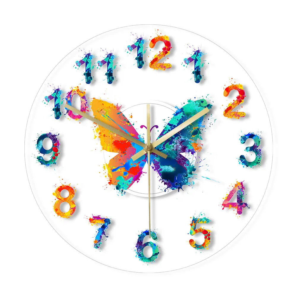 Colorful Numbers Watercolor Butterfly Printed Wall Clock