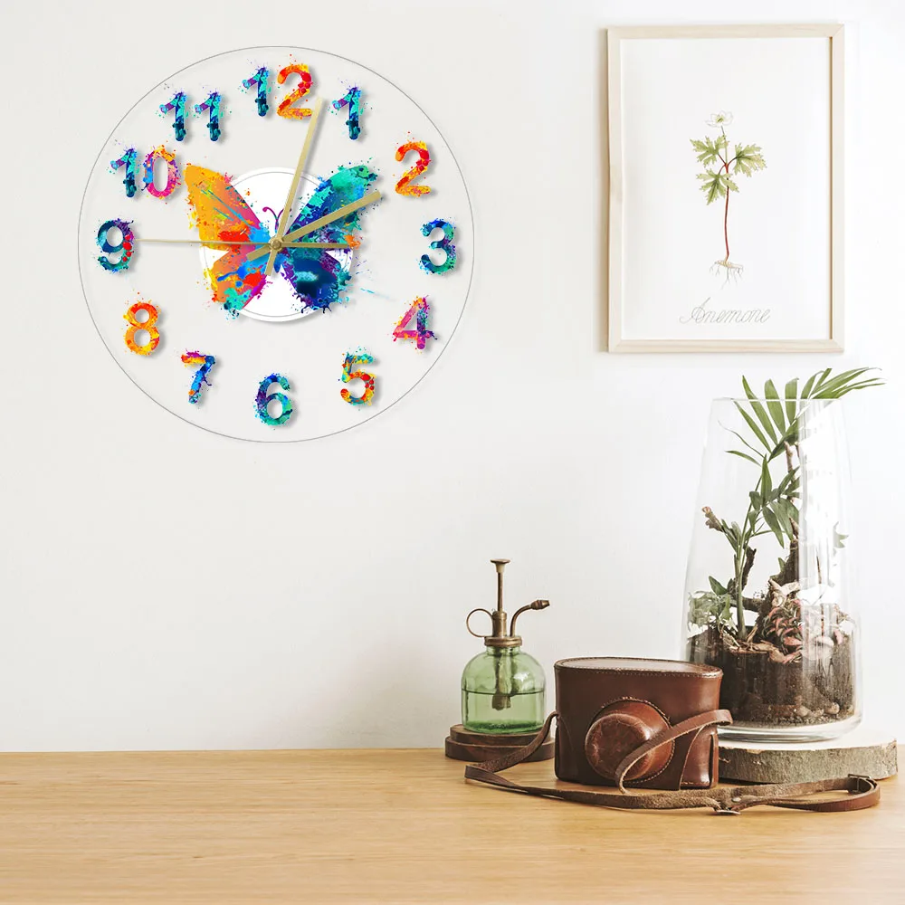 Colorful Numbers Watercolor Butterfly Printed Wall Clock