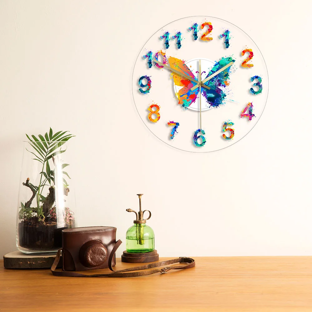 Colorful Numbers Watercolor Butterfly Printed Wall Clock